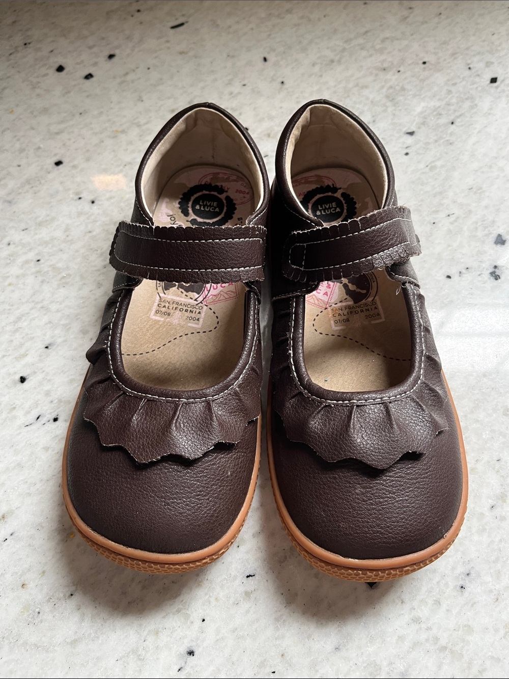 Livie & Luca Brown Girls' Ruche Mary Jane Shoes with Ruffle Detail
